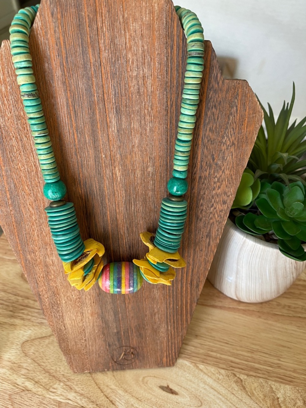 Green and Yellow Handcrafted Bead Necklace with Rainbow Accent.